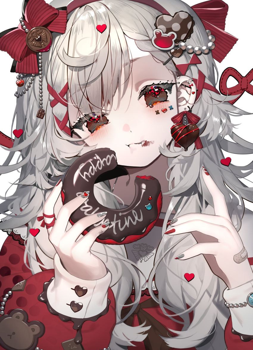 1girl :t absurdres bandaid bandaid_on_hand blush bow closed_mouth doughnut ear_piercing earrings food food_on_face grey_hair grey_nails hair_ornament hairband hands_up heart heart_hair_ornament highres holding holding_food jewelry karohroka long_hair long_sleeves looking_at_viewer multicolored_nails original piercing puffy_long_sleeves puffy_sleeves red_bow red_hairband red_nails solo upper_body