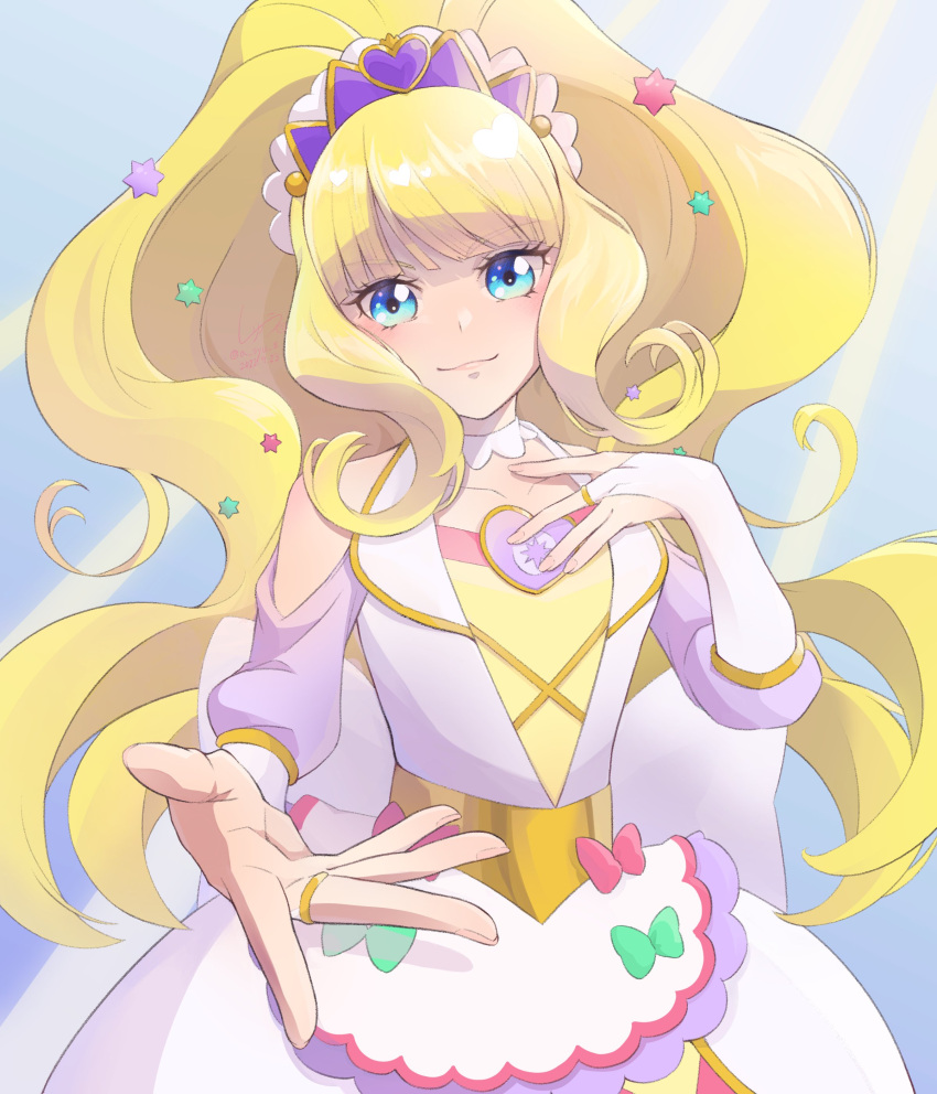 1girl a_syu_z absurdres apron blonde_hair blue_eyes bridal_gauntlets brooch choker commentary cure_finale delicious_party_precure hand_on_own_chest heart_brooch highres jewelry kasai_amane long_hair magical_girl precure sidelocks smile solo tiara white_choker wide_ponytail