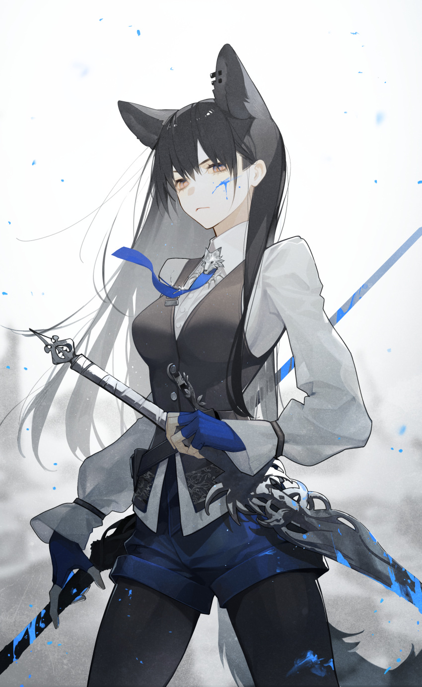 1girl absurdres animal_ears arknights bangs black_hair black_pantyhose black_vest blood blood_on_clothes blood_on_face blood_on_weapon blue_blood blue_gloves blue_necktie blue_shorts closed_mouth collared_shirt commentary_request ear_piercing fingerless_gloves gloves highres holding holding_sword holding_weapon legs_apart long_hair long_sleeves necktie orange_eyes pantyhose pantyhose_under_shorts piercing shirt shorts solo sword tail texas_(arknights) texas_the_omertosa_(arknights) tie_clip vest weapon white_shirt wolf_ears wolf_girl wolf_tail zzennn