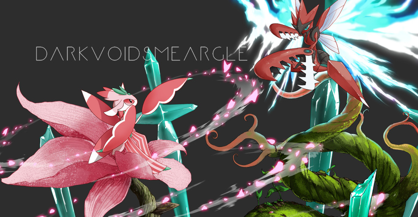 artist_name commentary darkvoiddoble energy eye_contact flower green_eyes horns looking_at_another lurantis mega_pokemon mega_scizor no_humans petals pink_flower pokemon pokemon_(creature) red_eyes scizor spikes