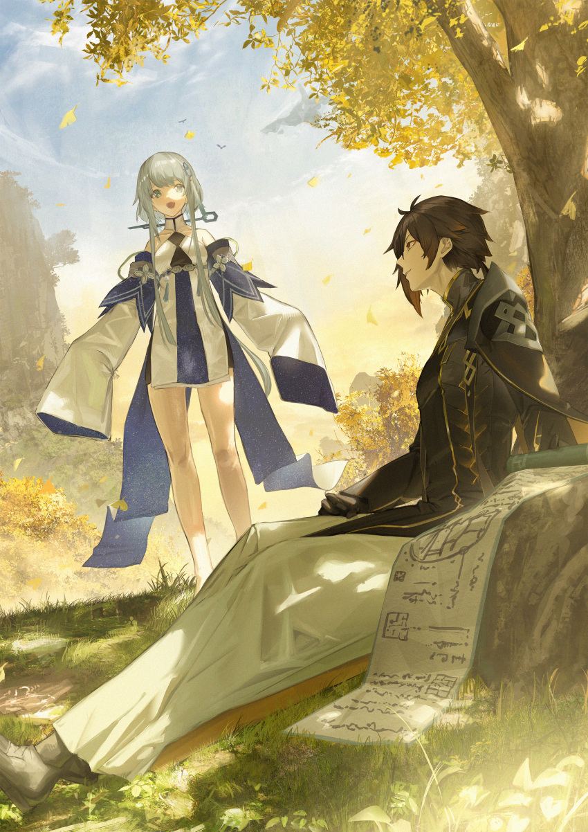 1boy 1girl absurdres bangs bird black_gloves black_hair blue_sky brown_hair day detached_sleeves dress genshin_impact gloves grass grey_hair guizhong_(genshin_impact) gyoukan_(jfxc) hair_ornament highres leaf long_sleeves multicolored_hair open_mouth outdoors short_dress sitting sky sleeves_past_fingers sleeves_past_wrists standing tree wide_sleeves zhongli_(genshin_impact)