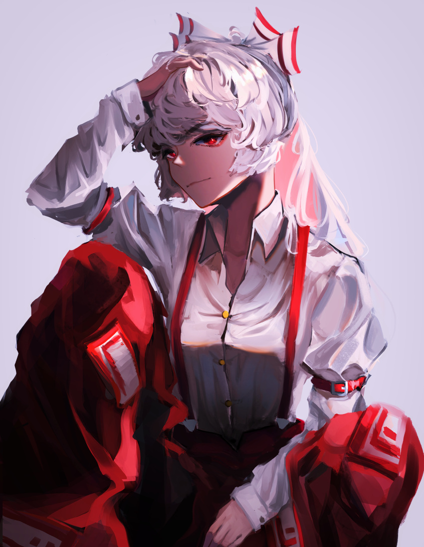 1girl absurdres arm_up bangs belt blunt_ends bow breasts buttons closed_mouth collarbone collared_shirt fujiwara_no_mokou grey_bow grey_hair grey_shirt hair_between_eyes hair_bow hand_on_own_head hand_up highres juliet_sleeves long_hair long_sleeves looking_at_viewer medium_breasts multicolored_bow ofuda ofuda_on_clothes pants puffy_sleeves purple_background red_belt red_bow red_eyes red_pants shirt simple_background sitting smile solo suspenders touhou wing_collar yuhel