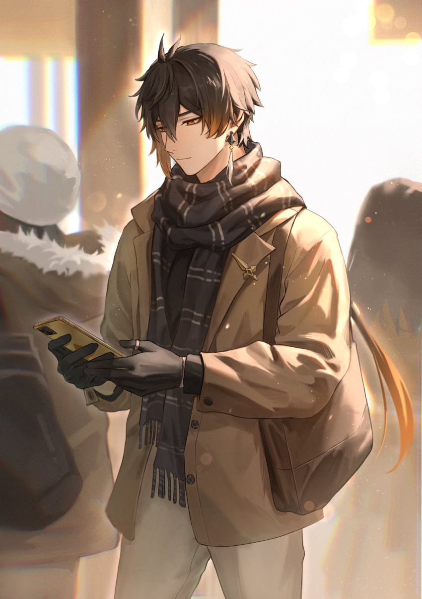 1boy 2girls antenna_hair black_gloves black_hair cellphone chromatic_aberration earrings formal genshin_impact gloves hair_between_eyes highres jewelry light_smile male_focus multicolored_hair multiple_girls overexposure phone ring scarf smartphone solo_focus walking winter_clothes zhongli_(genshin_impact) zxuan_l