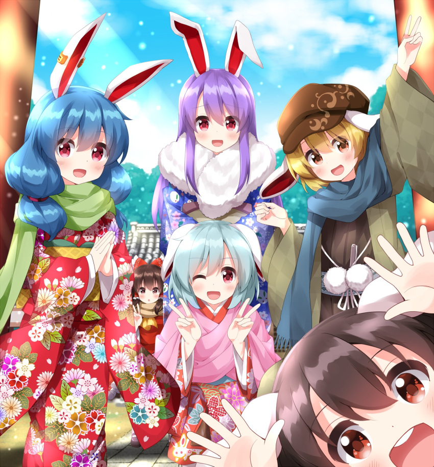 6+girls alternate_costume animal_ears arm_up ascot back_bow bangs belt blonde_hair blue_bow blue_hair blue_kimono blue_sky blush bow breasts brown_belt brown_eyes brown_hair brown_headwear brown_kimono brown_scarf clouds cloudy_sky commentary_request day detached_sleeves double_v floral_print frills fur_trim green_jacket green_scarf hair_between_eyes hair_ornament hair_tubes hakurei_reimu hakurei_shrine hand_up hands_up hat highres inaba_tewi jacket japanese_clothes kimono light_blue_hair long_hair long_sleeves looking_at_viewer medium_breasts medium_hair multiple_girls on_ground one_eye_closed open_clothes open_jacket open_mouth outdoors own_hands_together pink_scarf pom_pom_(clothes) purple_hair rabbit_ears rabbit_girl red_bow red_eyes red_kimono red_shirt red_skirt reisen_(touhou_bougetsushou) reisen_udongein_inaba ringo_(touhou) ruu_(tksymkw) scarf seiran_(touhou) shirt short_hair shrine sidelocks sitting skirt skirt_set sky smile snow standing teeth tongue torii touhou tree twintails v white_belt white_bow wide_sleeves yellow_ascot yellow_belt