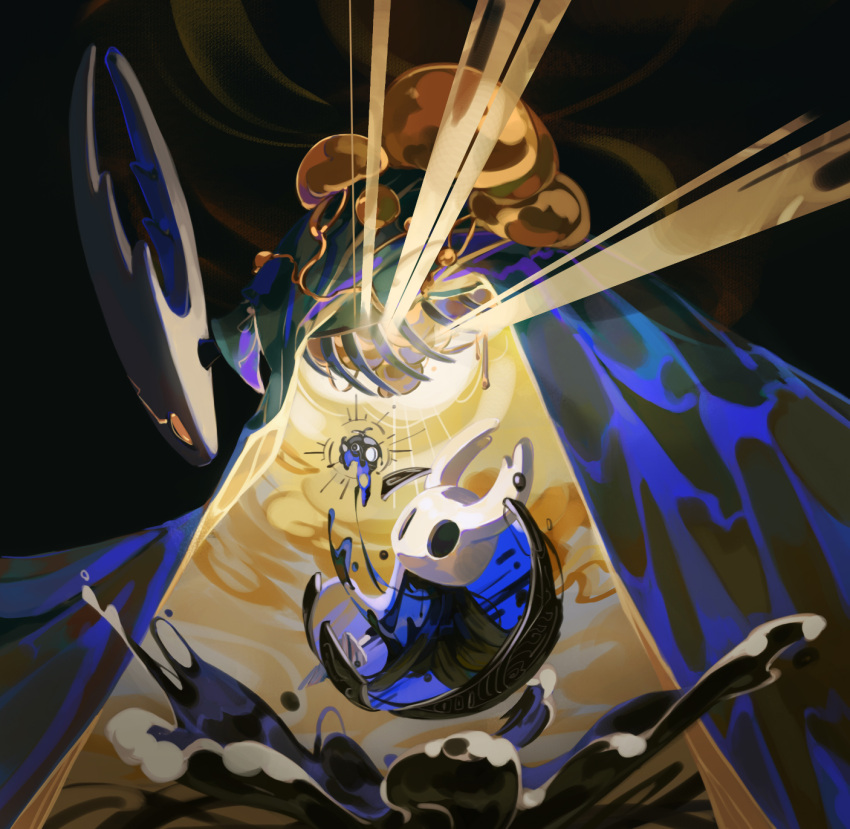 2others blankowalski cloak darkness glowing highres hollow_eyes hollow_knight hollow_knight_(character) horns knight_(hollow_knight) liquid mask multiple_others no_humans ribs scar