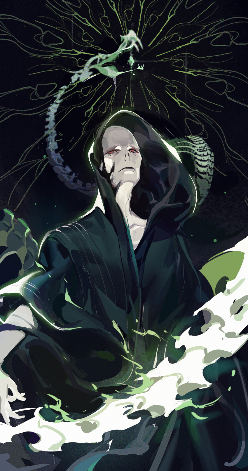 1boy absurdres bald black_background black_cape black_robe cape harry_potter_(series) highres looking_at_viewer male_focus meerajebt no_nose pale_skin red_eyes robe snake solo spine voldemort wide_sleeves