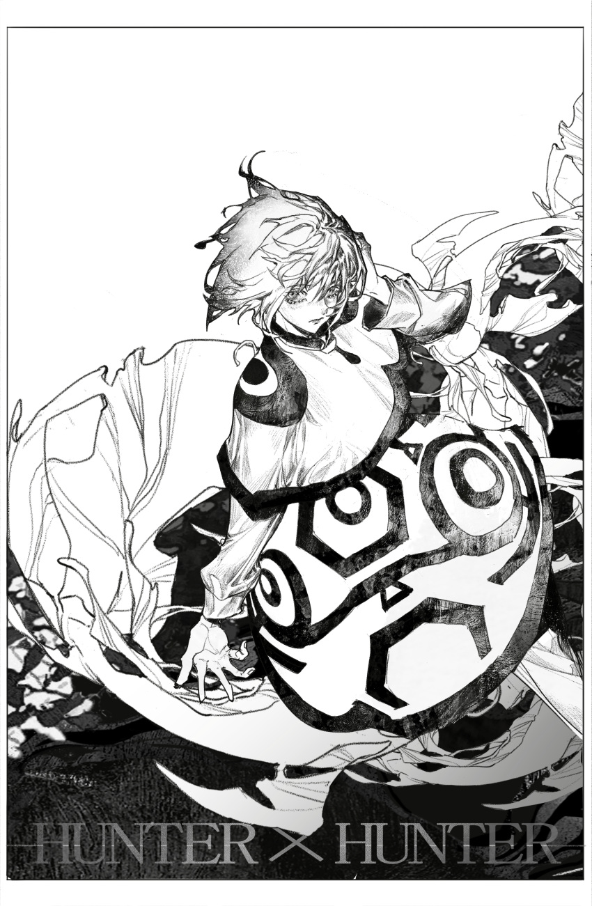 1boy absurdres adjusting_hair bangs border capelet copyright_name floating_hair from_above from_side greyscale hand_on_own_head hand_up highres hunter_x_hunter kurapika llost long_sleeves looking_at_viewer male_focus monochrome robe short_hair signature solo traditional_media