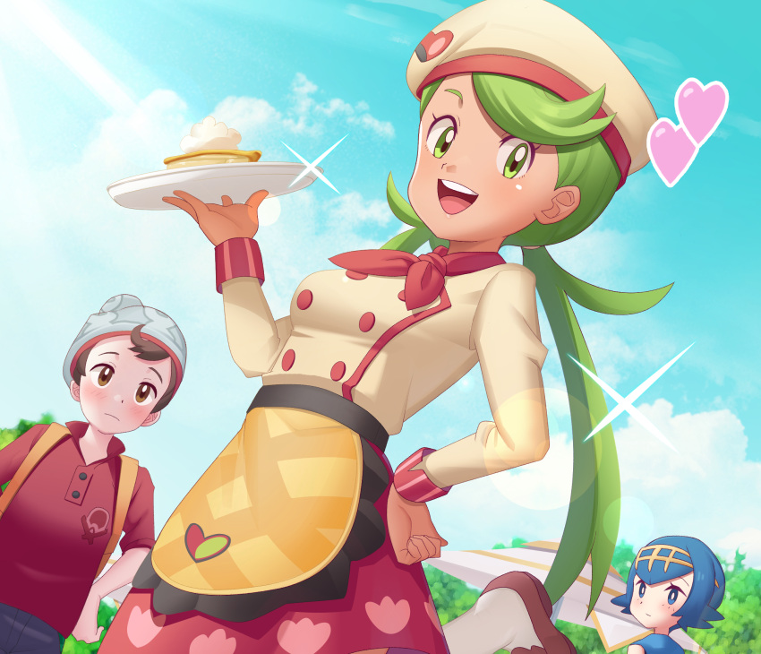 1boy 2girls apron bangs beanie blue_eyes blue_hair blush breasts bright_pupils brown_eyes brown_footwear brown_hair buttons chef_hat closed_mouth clouds collared_shirt commentary_request day double-breasted gazing_eye green_eyes green_hair grey_headwear hairband hand_on_hip hand_up hat heart highres holding holding_tray lana_(pokemon) leg_up long_hair long_sleeves looking_at_viewer mallow_(palentine's_2023)_(pokemon) mallow_(pokemon) multiple_girls no_sclera official_alternate_costume outdoors pokemon pokemon_(game) pokemon_masters_ex pokemon_sm pokemon_swsh red_shirt shirt shoes short_hair skirt sky smile swept_bangs tray twintails victor_(pokemon) waist_apron white_pupils yellow_apron yellow_hairband
