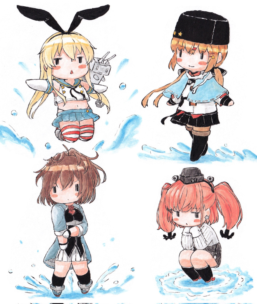 anchor_hair_ornament atlanta_(kancolle) black_headwear black_skirt blonde_hair blue_skirt brown_hair chibi closed_mouth earrings elbow_gloves fur_hat garrison_cap gloves hair_ornament hairband hairclip hat headgear highres jewelry kantai_collection long_hair low_twintails multiple_girls papakha parted_lips pleated_skirt poipoi_purin rensouhou-chan rudder_footwear sailor_collar scarf shawl sheffield_(kancolle) shimakaze_(kancolle) skirt squatting standing star_(symbol) star_earrings striped striped_thighhighs tashkent_(kancolle) thigh-highs triangle_mouth twintails two_side_up water white_gloves white_scarf