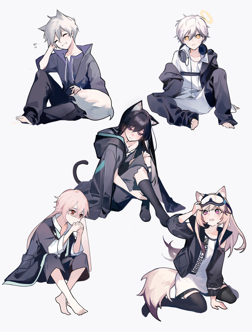 2girls 3boys absurdres adnachiel_(arknights) animal_ear_fluff animal_ears ansel_(arknights) arknights arm_support barefoot beirenjianfendian black_coat black_dress black_hair black_jacket black_shorts black_thighhighs cardigan_(arknights) cat_ears cat_tail chinese_commentary closed_eyes coat commentary_request dog_ears dog_tail dress fang fingernails flying_sweatdrops fox_ears fox_tail goggles goggles_on_head grey_hair hair_between_eyes halo head_rest headphones headphones_around_neck highres jacket long_hair long_sleeves melantha_(arknights) multicolored_hair multiple_boys multiple_girls open_clothes open_jacket own_hands_together pink_eyes pink_hair rabbit_ears red_eyes shirt short_hair shorts simple_background steward_(arknights) streaked_hair tail thigh-highs white_background white_shirt yellow_eyes
