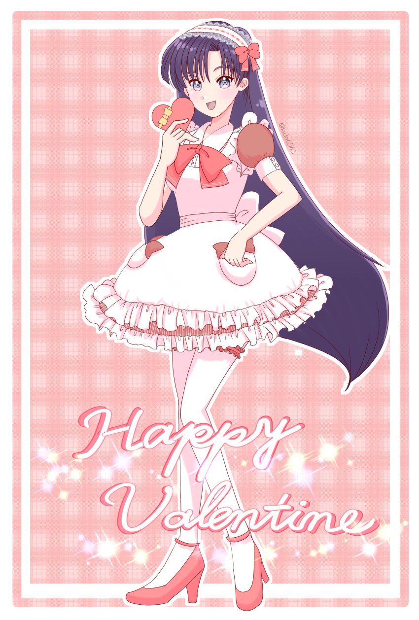 1girl absurdres alternate_costume apron bangs bishoujo_senshi_sailor_moon bow box box_of_chocolates dress enmaided frilled_hairband frilled_thighhighs frills hair_bow hairband happy_valentine high_heels highres hino_rei kuroasa24 long_hair maid purple_hair red_dress red_footwear thigh-highs valentine violet_eyes white_thighhighs