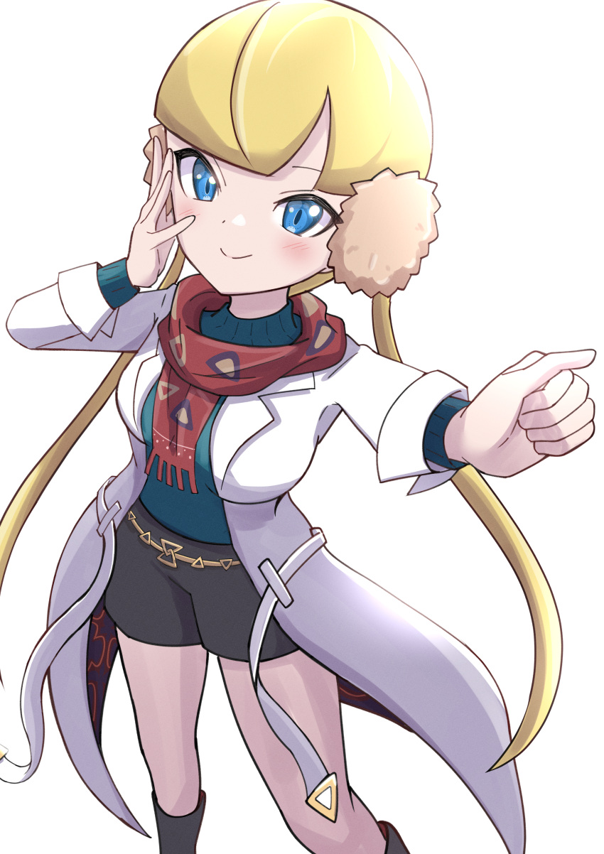 1girl absurdres bangs belt blonde_hair blue_eyes blunt_bangs blush breasts clenched_hand closed_mouth coat commentary_request earmuffs elesa_(palentine's_2023)_(pokemon) elesa_(pokemon) green_sweater highres long_sleeves official_alternate_costume open_clothes open_coat pokemon pokemon_(game) pokemon_masters_ex red_scarf rono_(lethys) scarf shorts simple_background smile solo sweater white_background white_coat yellow_belt