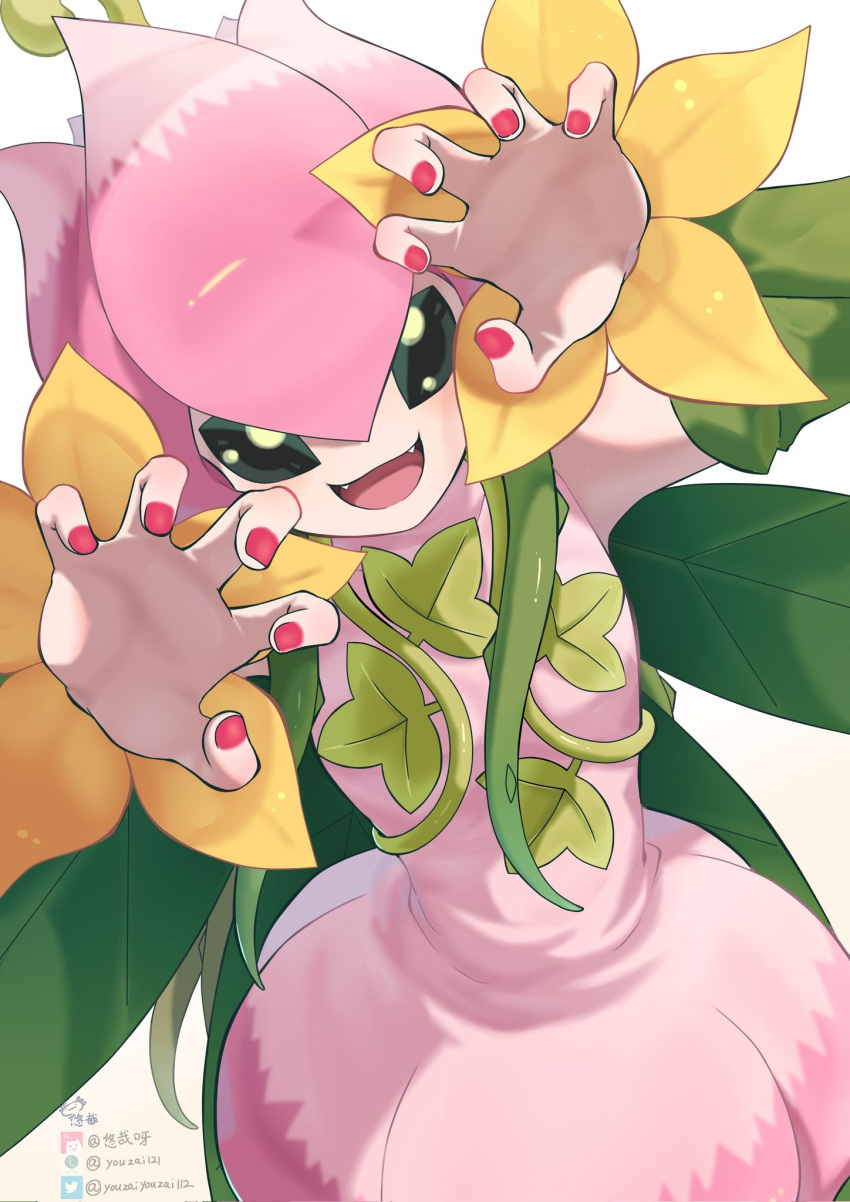 1girl chinese_commentary close-up commentary_request digimon digimon_(creature) dress fangs flower_hat green_eyes hands_up highres lillymon looking_at_viewer nail_polish open_mouth paw_pose plant_wings red_nails solo twitter_logo watermark wings youzaiyouzai112