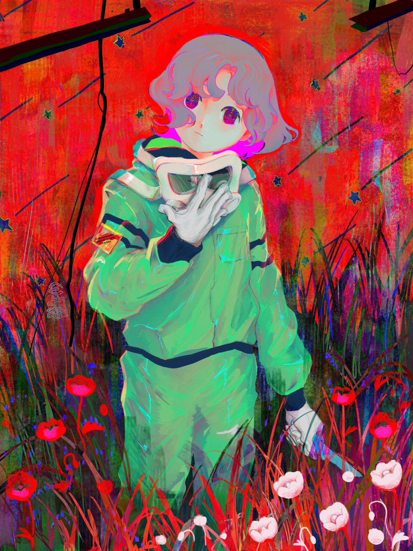 1girl absurdres bangs bodysuit cowboy_shot expressionless flower gloves goggles grass green_bodysuit grey_hair highres holding holding_goggles holding_knife knife looking_at_viewer medium_hair minechan12 original red_flower science_fiction solo star_(symbol) white_flower white_gloves