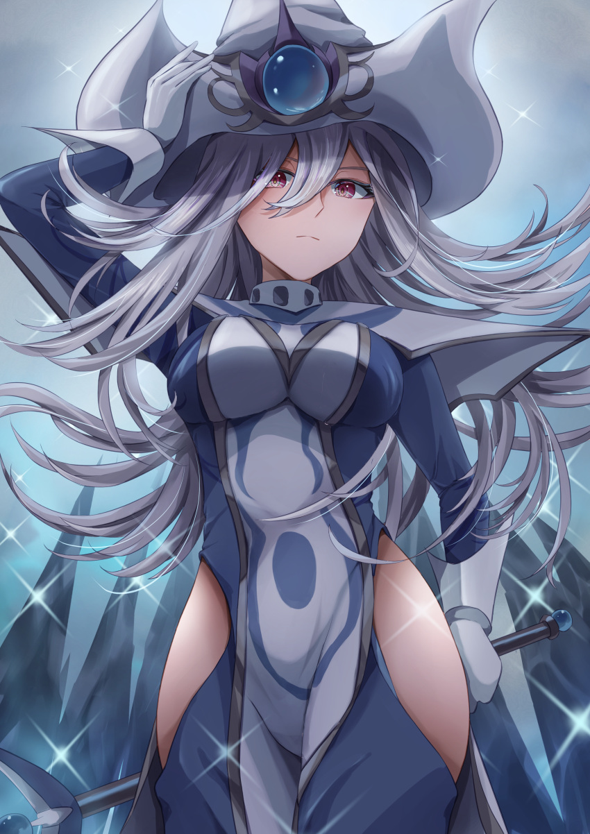 1girl absurdres breasts duel_monster gloves hat highres large_breasts long_hair long_sleeves looking_at_viewer misakura_aoi red_eyes silent_magician solo wand white_hair witch_hat yu-gi-oh!