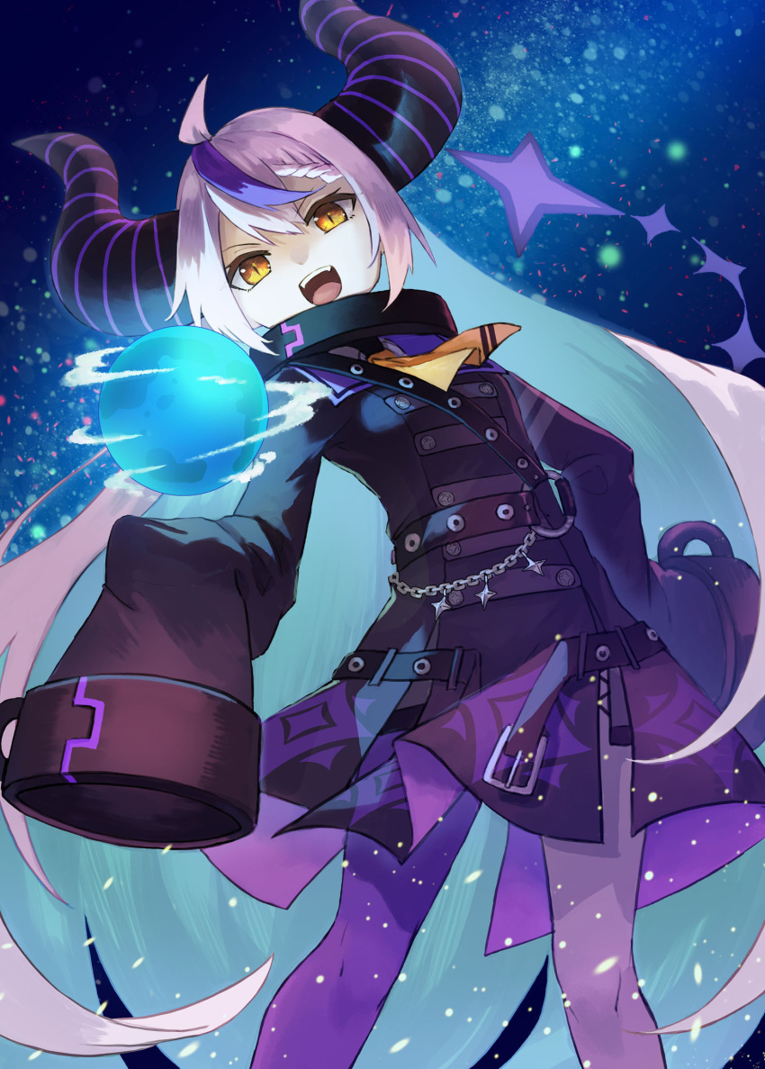 1girl ahoge ascot collar earth_(planet) grey_hair highres hololive horns kuro_(b_g) la+_darknesss long_hair metal_collar planet single_thighhigh sleeves_past_fingers sleeves_past_wrists space thigh-highs very_long_hair virtual_youtuber yellow_eyes