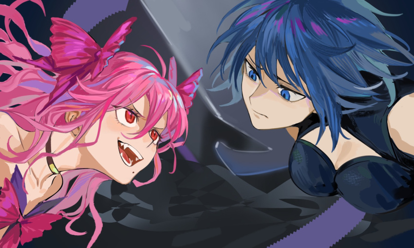 2girls bangs bare_shoulders battle blue_bodysuit blue_eyes blue_hair bodysuit bow bowtie breasts ciel_(tsukihime) collarbone commentary_request dead_apostle_noel_(tsukihime) eye_contact fangs hair_between_eyes hair_bow hair_ornament highres long_hair looking_at_another medium_breasts mole mole_under_mouth multiple_girls noel_(tsukihime) pink_bow pink_bowtie pink_hair powered_ciel red_eyes s67569077 serious short_hair sleeveless sleeveless_bodysuit tsukihime tsukihime_(remake) vampire