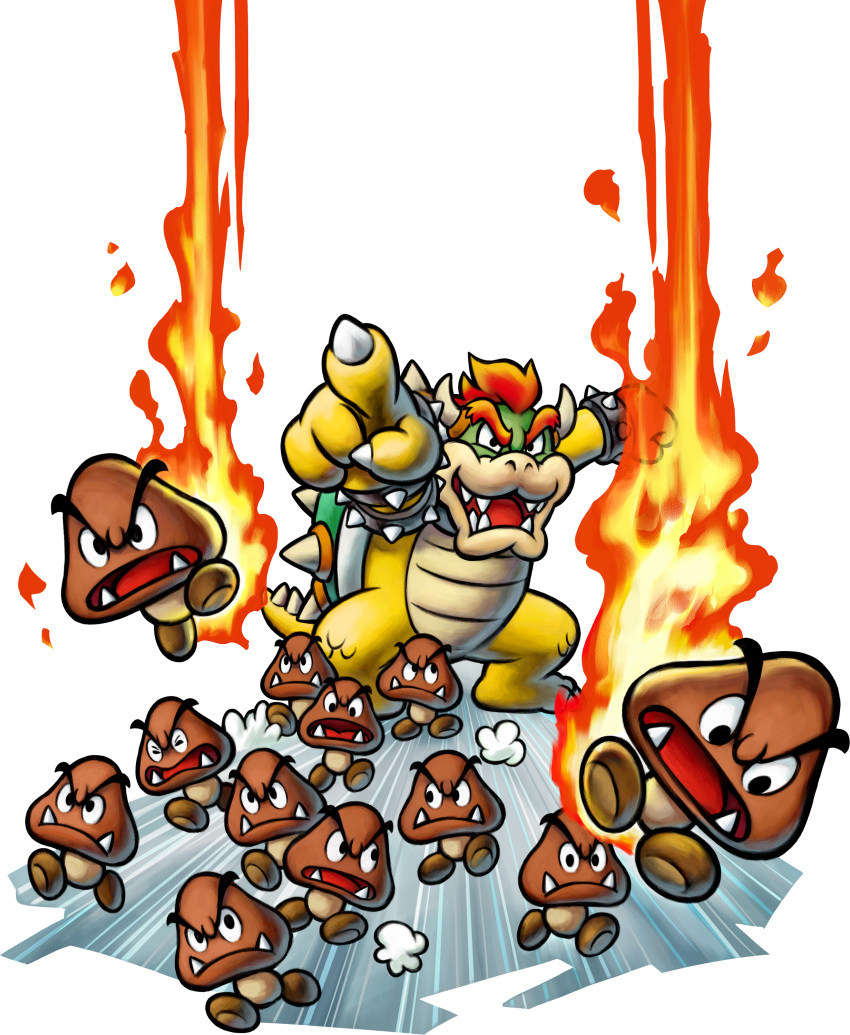 1boy absurdres bowser bracelet collar fire goomba highres jewelry mario_&amp;_luigi_rpg mario_&amp;_luigi_rpg_(style) official_art open_mouth pointing redhead sharp_teeth spiked_bracelet spiked_collar spiked_shell spikes super_mario_bros. teeth transparent_background