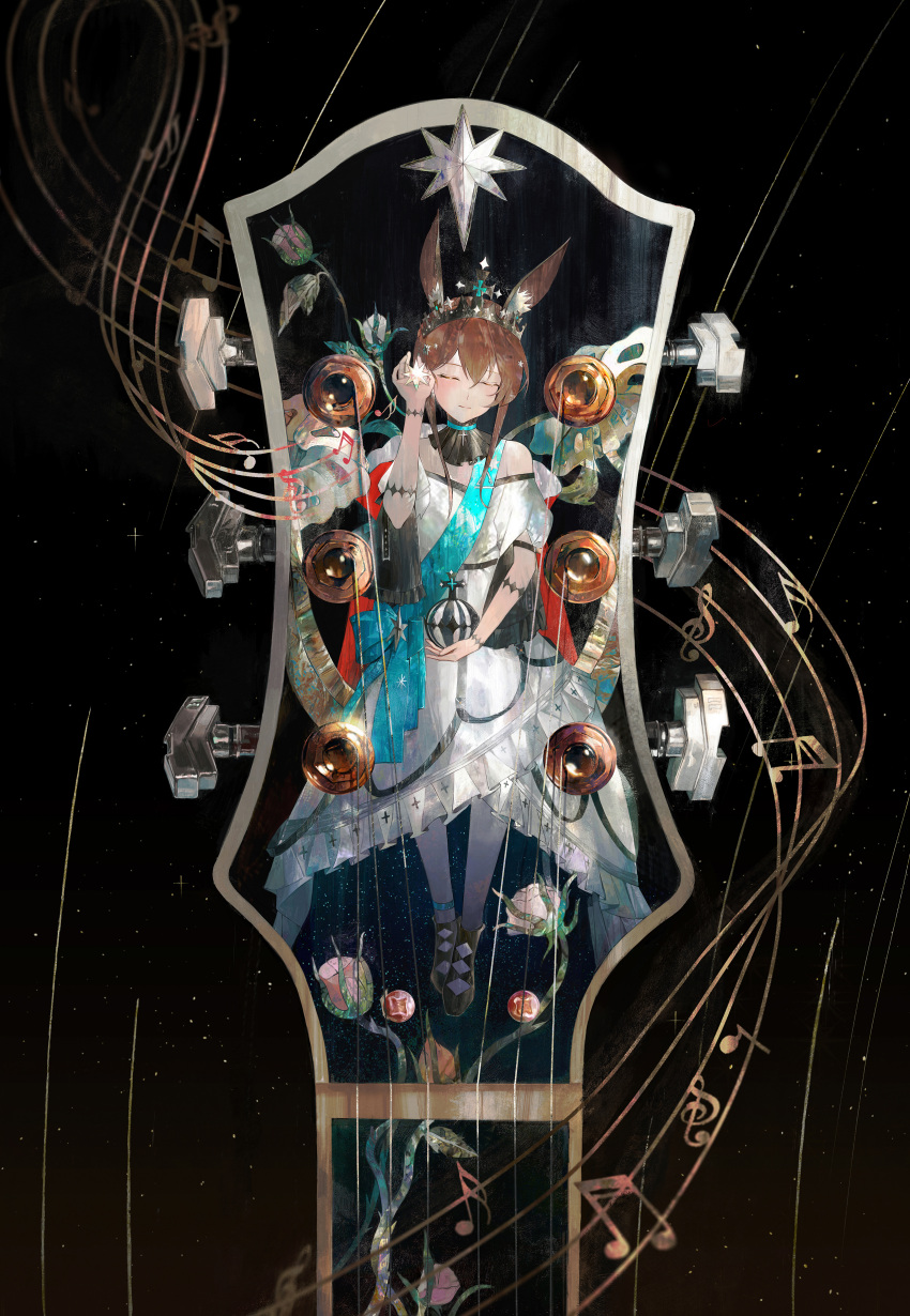 1girl absurdres ambience_synesthesia amiya_(arknights) animal_ear_fluff animal_ears aqua_sash arknights bangs beamed_sixteenth_notes black_background black_collar black_footwear blue_collar brown_hair closed_eyes closed_mouth collar crown daylightallure detached_collar dress english_commentary flower globus_cruciger hand_up highres holding instrument long_hair musical_note off-shoulder_dress off_shoulder official_alternate_costume pantyhose rabbit_ears rabbit_girl short_sleeves sixteenth_note solo treble_clef white_dress white_pantyhose wide_shot