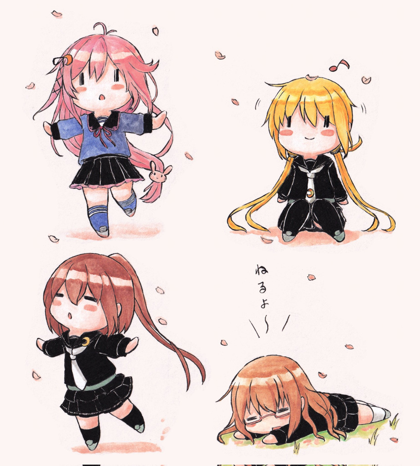 4girls :o =_= black_ribbon black_serafuku blonde_hair blush brown_hair cherry_blossoms chibi crescent crescent_hair_ornament fumizuki_(kancolle) glasses hair_ornament hair_ribbon highres kantai_collection long_hair long_sleeves low-tied_long_hair low_twintails lying mochizuki_(kancolle) multiple_girls musical_note neckerchief on_stomach open_mouth parted_lips petals pink_background pink_hair pleated_skirt poipoi_purin ponytail rabbit_hair_ornament red-framed_eyewear ribbon satsuki_(kancolle) school_uniform serafuku simple_background sitting skirt smile standing standing_on_one_leg twintails uzuki_(kancolle) very_long_hair white_neckerchief
