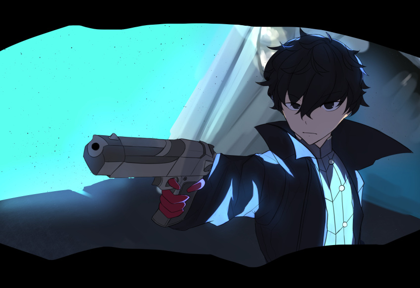 1boy absurdres amamiya_ren black_eyes black_hair black_jacket gloves gun highres holding holding_gun holding_weapon jacket long_sleeves persona persona_5 persona_5_the_royal weapon