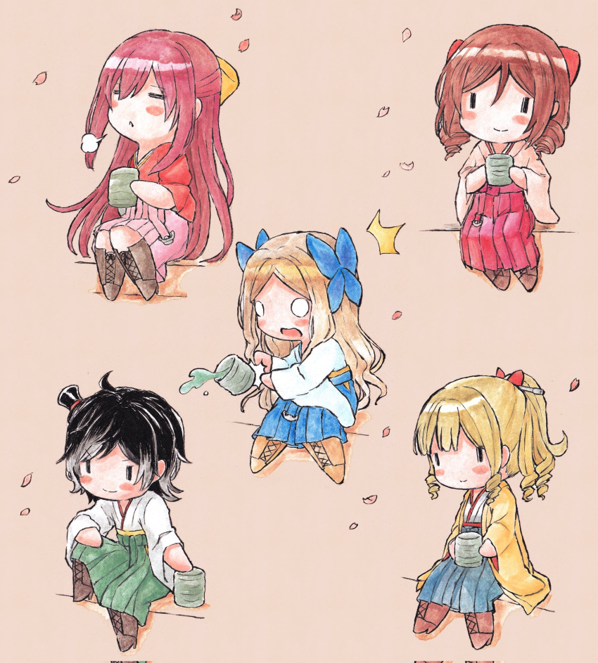 5girls :&lt; =3 asakaze_(kancolle) black_hair blonde_hair blush boots bow brown_footwear brown_hair cherry_blossoms chibi closed_eyes closed_mouth cross-laced_footwear cup drill_hair dropping hair_bow hakama hakama_skirt harukaze_(kancolle) hat hatakaze_(kancolle) highres holding holding_cup japanese_clothes kamikaze_(kancolle) kantai_collection lace-up_boots long_hair matsukaze_(kancolle) meiji_schoolgirl_uniform mini_hat mini_top_hat multiple_girls open_mouth petals poipoi_purin red_bow redhead short_hair simple_background sitting skirt tea top_hat very_long_hair wide_sleeves yellow_bow yunomi