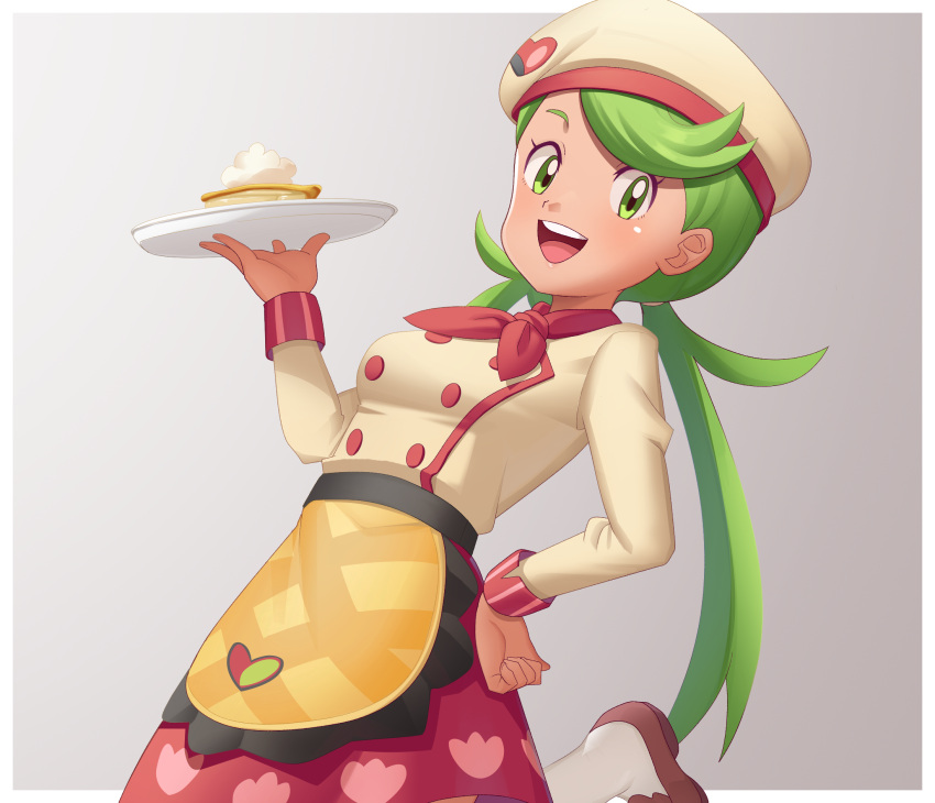 1girl apron bangs border breasts brown_footwear buttons chef_hat commentary_request cowboy_shot double-breasted gazing_eye green_eyes green_hair grey_background hand_on_hip hand_up hat highres holding holding_tray leg_up long_hair long_sleeves looking_at_viewer mallow_(palentine's_2023)_(pokemon) mallow_(pokemon) official_alternate_costume pokemon pokemon_(game) pokemon_masters_ex shirt shoes skirt smile solo swept_bangs tray twintails waist_apron white_border yellow_apron