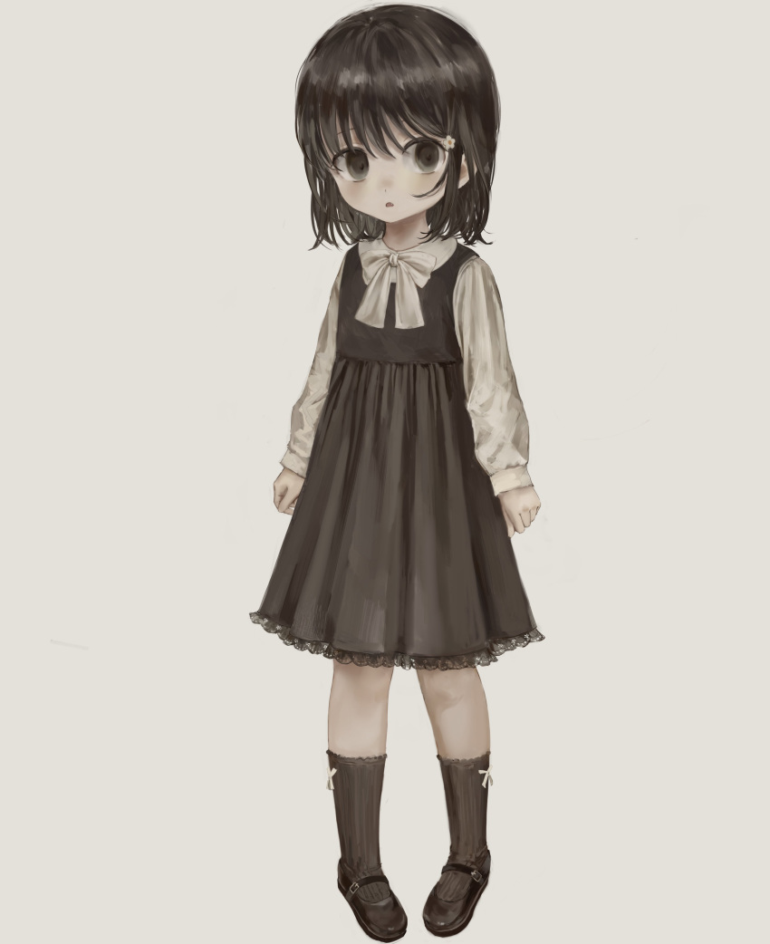 1girl absurdres arms_at_sides bangs bow bowtie brown_dress brown_eyes brown_footwear brown_hair brown_socks child collared_dress dress female_child flower full_body hair_flower hair_ornament highres lace-trimmed_dress lace_trim long_sleeves looking_at_viewer mary_janes medium_hair miyagawa_haruka namuta original parted_lips pigeon-toed pinafore_dress shirt shoes simple_background sleeveless sleeveless_dress socks solo standing white_background white_bow white_bowtie white_flower white_shirt
