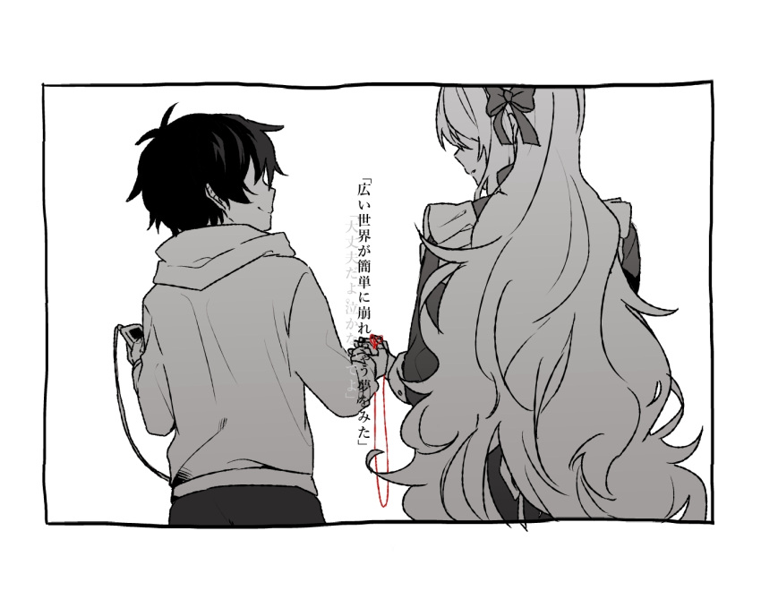 1boy aged_down bow cable child digital_media_player dress from_behind greyscale hair_bow hair_ornament hii_(aisiteru6918moon) holding holding_hands hood hood_down hoodie kagerou_project kozakura_marry long_hair long_sleeves male_child monochrome profile seto_kousuke short_hair simple_background smile spot_color string string_of_fate translation_request upper_body very_long_hair