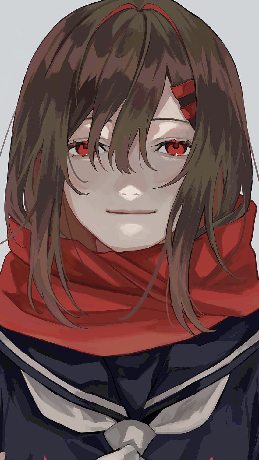1girl 510_gotoudayo ahoge bangs black_serafuku brown_hair character_name closed_mouth copyright_name grey_background hair_ornament hair_over_one_eye hairclip highres kagerou_project long_hair looking_at_viewer portrait red_eyes scarf school_uniform serafuku simple_background smile solo tateyama_ayano white_scarf