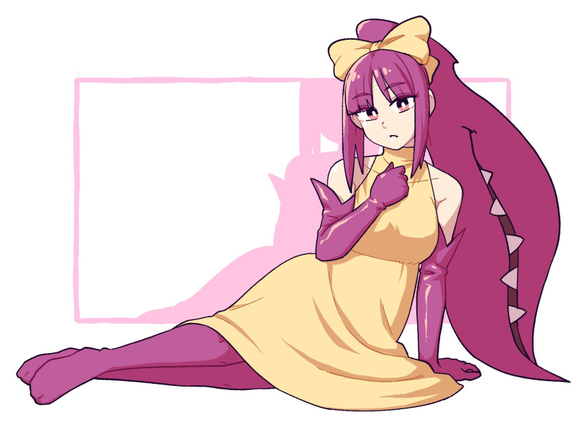 1girl arm_support bangs bare_shoulders bow breasts bright_pupils clip_studio_paint_(medium) commentary commission covered_collarbone dress elbow_gloves full_body gloves hair_bow hand_up highres leaning looking_at_viewer mawile pantyhose personification pokemon purple_gloves purple_hair purple_pantyhose solo vibrantrida white_background white_pupils yellow_bow yellow_dress