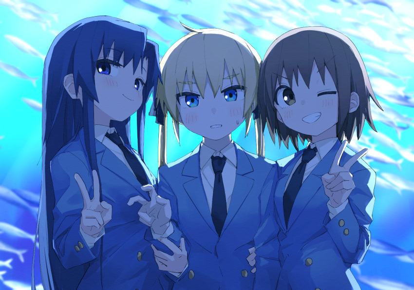 3girls ahoge aquarium backlighting bangs bent_v black_necktie black_ribbon blazer blonde_hair blue_eyes blush brown_eyes brown_hair closed_mouth collared_shirt fish forced goshiki_agiri grey_jacket grin hair_ribbon highres jacket kill_me_baby long_hair long_sleeves looking_at_viewer multiple_girls necktie one_eye_closed oribe_yasuna purple_hair ribbon school_uniform shirt short_hair sideways_glance smile sonya_(kill_me_baby) thick_eyebrows twintails upper_body v v-shaped_eyebrows violet_eyes white_shirt yachima_tana