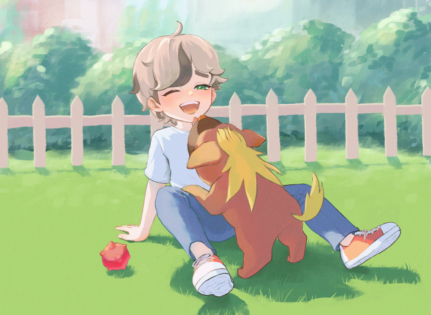 1boy ;d aged_down ahoge arm_support arven_(pokemon) bangs berry_(pokemon) brown_hair commentary_request day fence grass green_eyes highres kyu_kei male_focus maschiff one_eye_closed open_mouth outdoors pants pokemon pokemon_(creature) pokemon_(game) pokemon_sv shirt shoes short_hair short_sleeves sitting smile sneakers spread_legs t-shirt teeth tongue upper_teeth_only