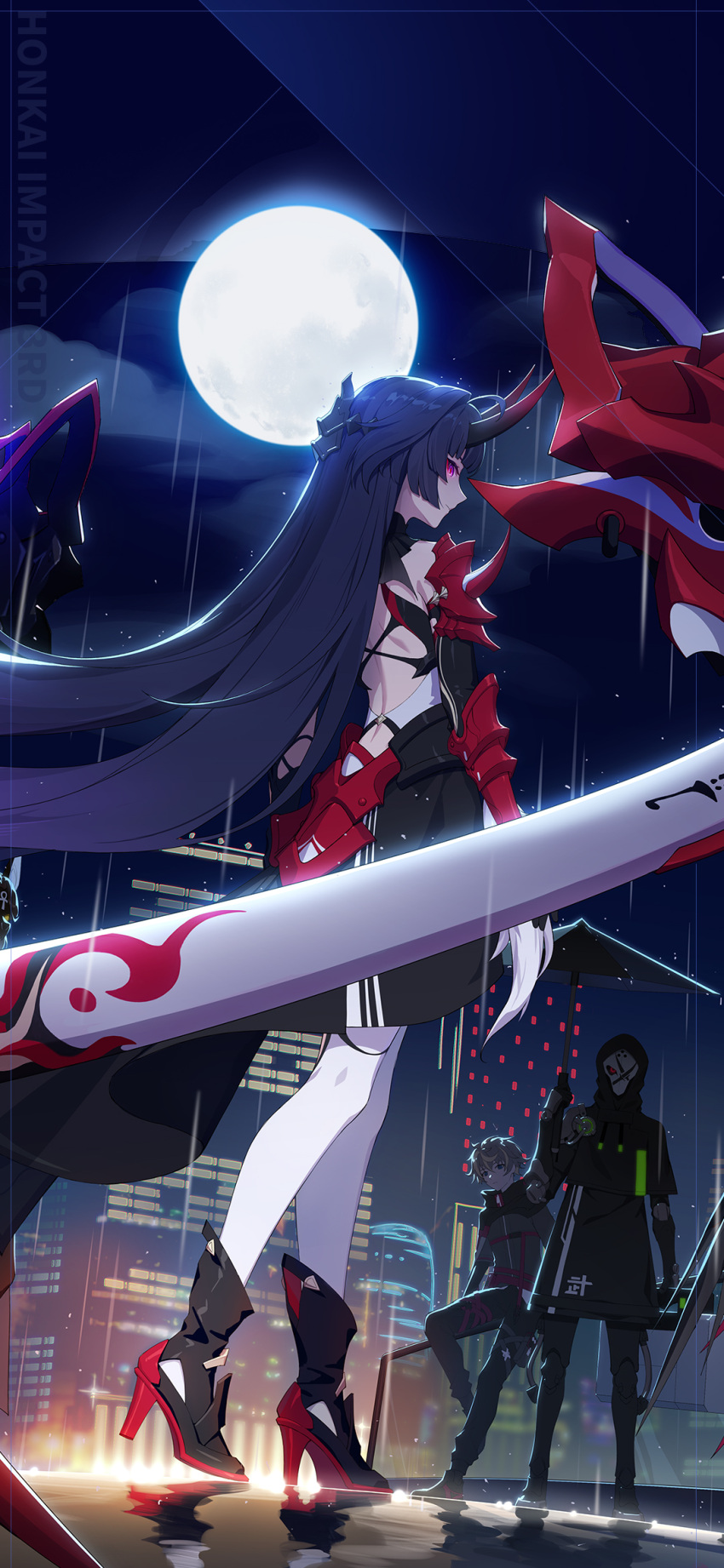 1girl 2boys black_hood black_umbrella full_moon gray_serpent high_heels highres honkai_(series) honkai_impact_3rd horns japanese_clothes long_hair looking_at_viewer masked moon multiple_boys night official_art official_wallpaper raiden_mei raiden_mei_(herrscher_of_thunder) rain red_eyes umbrella