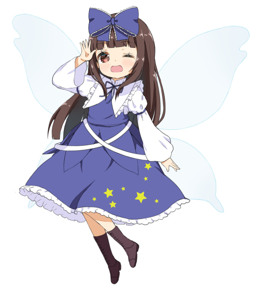 1girl bangs blue_bow blue_dress blue_ribbon blunt_bangs blush boots bow brown_eyes brown_hair commentary_request crys_(dai) dress fairy_wings flat_chest frilled_shirt_collar frills full_body hair_bow hand_up highres juliet_sleeves long_hair long_sleeves looking_at_viewer one_eye_closed open_mouth puffy_long_sleeves puffy_sleeves revision ribbon simple_background smile solo star_(symbol) star_print star_sapphire touhou white_background wings