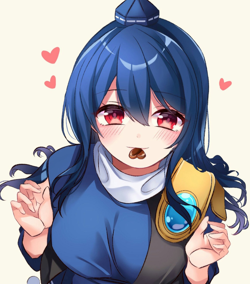 1girl armor bangs blue_dress blue_hair blush breasts candy chocolate dark_blue_hair dress food food_in_mouth hair_between_eyes hands_up hat heart heart-shaped_chocolate highres iizunamaru_megumu large_breasts light_smile long_hair looking_at_viewer meimei_(meimei89008309) mouth_hold pauldrons red_eyes shoulder_armor simple_background single_pauldron sleeves_past_elbows solo spoken_heart tokin_hat touhou upper_body valentine waistcoat white_background