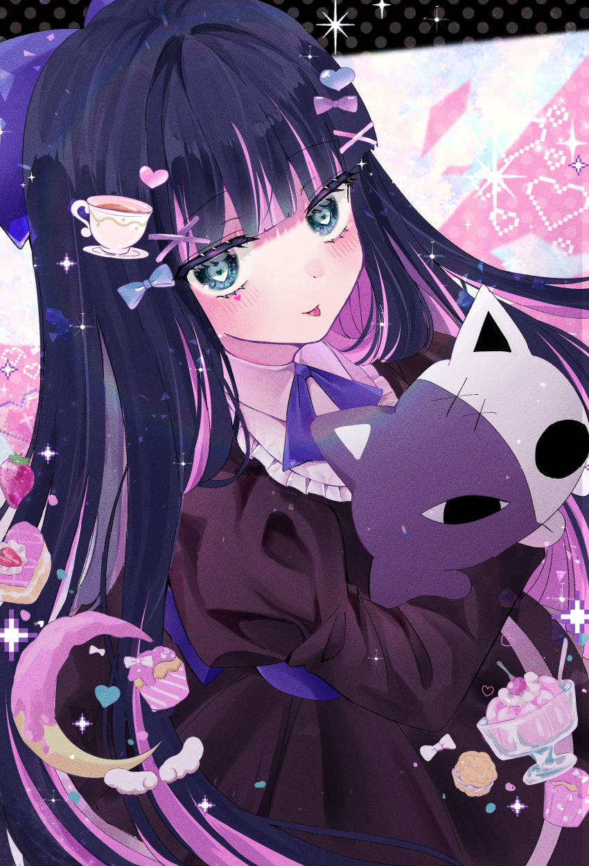 1girl :p absurdres bangs black_dress black_hair blue_eyes blue_ribbon blunt_bangs blush bow colored_inner_hair dress gothic_lolita hair_bow heart heart-shaped_pupils highres holding holding_stuffed_toy lolita_fashion long_hair looking_at_viewer multicolored_hair panty_&amp;_stocking_with_garterbelt pantyhose pink_hair ribbon solo sparkle spring_666 stocking_(psg) streaked_hair stuffed_animal stuffed_cat stuffed_toy symbol-shaped_pupils tagme tongue tongue_out two-tone_hair