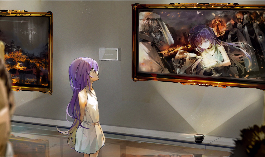 aged_down bangs beard check_commentary commentary_request dress facial_hair fire funi_mu9 halo highres hololive hololive_indonesia indoors long_hair moona_hoshinova museum open_mouth painting_(object) picture_frame pouring purple_hair standing very_long_hair virtual_youtuber white_dress