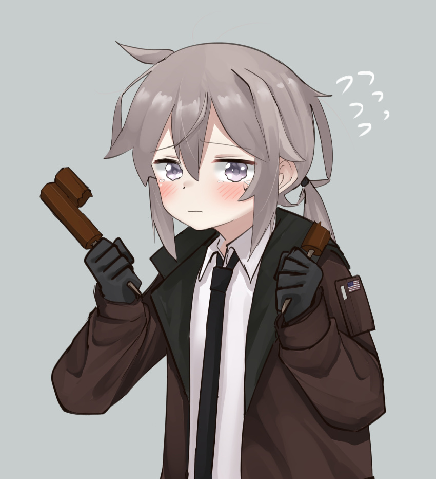 1girl absurdres ahoge american_flag bangs black_gloves black_necktie blush brown_jacket closed_mouth collared_shirt double_popsicle failure flying_sweatdrops furrowed_brow girls_frontline gloves grey_background grey_hair hair_between_eyes half-split_chopsticks highres holding_ice_cream jacket light_frown long_sleeves looking_at_viewer low_ponytail m200_(girls'_frontline) necktie open_clothes open_jacket pepsi2330 sad shirt simple_background solo tearing_up upper_body violet_eyes wavy_eyes white_shirt