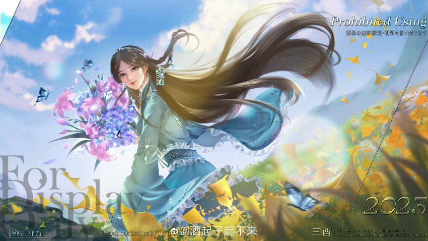 1girl absurdres blue_dress blue_flower braid brown_hair bug butterfly closed_mouth clouds douluo_dalu dress field floating_hair flower flower_field frilled_sash highres long_hair long_sleeves mountain ning_rongrong_(douluo_dalu) outdoors pink_flower sash second-party_source sha_shan sitting smile solo tiara upper_body watermark