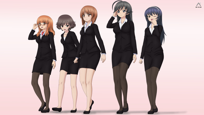 5girls absurdres acrux adjusting_eyewear ahoge akiyama_yukari alternate_costume arms_behind_back artist_logo bangs bare_legs black_eyes black_footwear black_hair black_jacket black_pantyhose black_skirt blunt_bangs brown_eyes brown_hair closed_mouth commentary dated dress_shirt english_commentary flats formal girls_und_panzer glasses hairband hand_in_own_hair heel_up highres isuzu_hana jacket long_hair long_sleeves looking_at_viewer looking_to_the_side messy_hair miniskirt multiple_girls nishizumi_miho office_lady one_eye_closed open_mouth orange_eyes orange_hair pantyhose pencil_skirt red-framed_eyewear reizei_mako semi-rimless_eyewear shirt short_hair skirt skirt_suit smile suit takebe_saori under-rim_eyewear walking white_hairband white_shirt wing_collar yawning