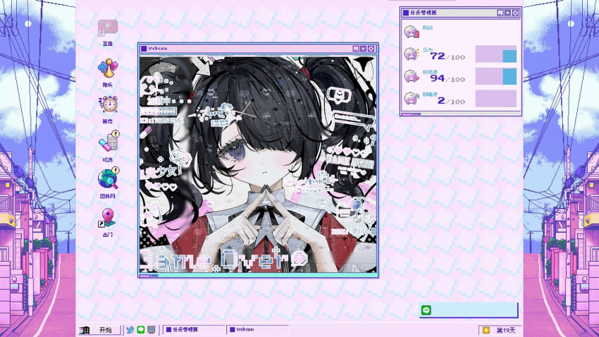 1girl :&lt; ame-chan_(needy_girl_overdose) black_eyes black_hair black_nails black_ribbon blush building chinese_text clock collar collared_shirt fake_screenshot game_over hair_ornament hair_over_one_eye hair_tie hairclip heart highres icon_(computing) index_fingers_together jirai_kei looking_at_viewer medium_hair multicolored_nails neck_ribbon needy_girl_overdose pill power_lines red_nails red_shirt ribbon road shi_mita shirt sky solo street twintails upper_body utility_pole white_collar window_(computing) windows_desktop x_hair_ornament