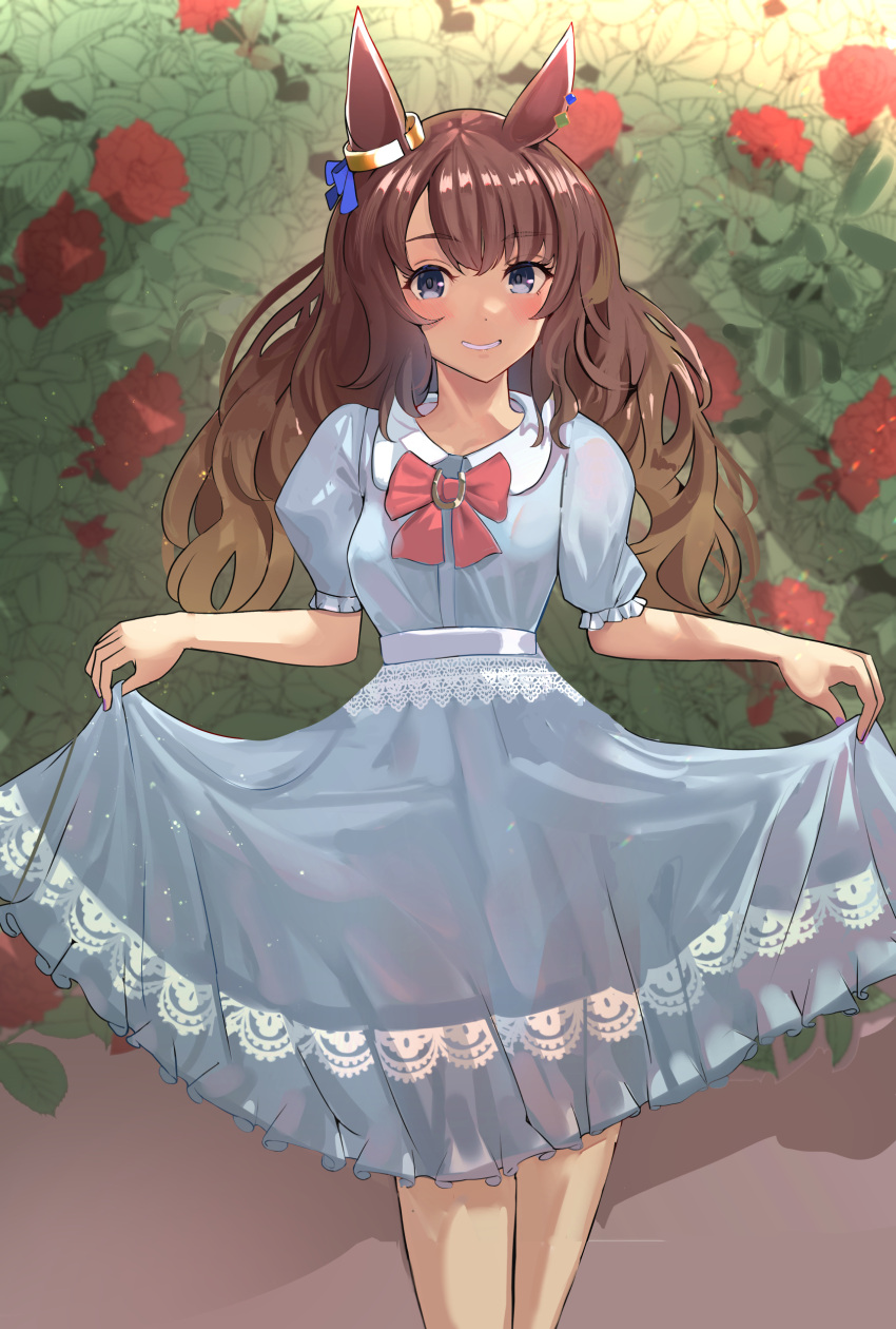 1girl absurdres alternate_costume animal_ears bangs blue_dress blue_eyes blush bow breasts brown_hair collared_dress dress feet_out_of_frame flower hair_down highres horse_ears long_hair looking_at_viewer open_mouth puffy_short_sleeves puffy_sleeves red_bow rose short_sleeves skirt_hold small_breasts smile solo solokitsune standing tosen_jordan_(umamusume) umamusume