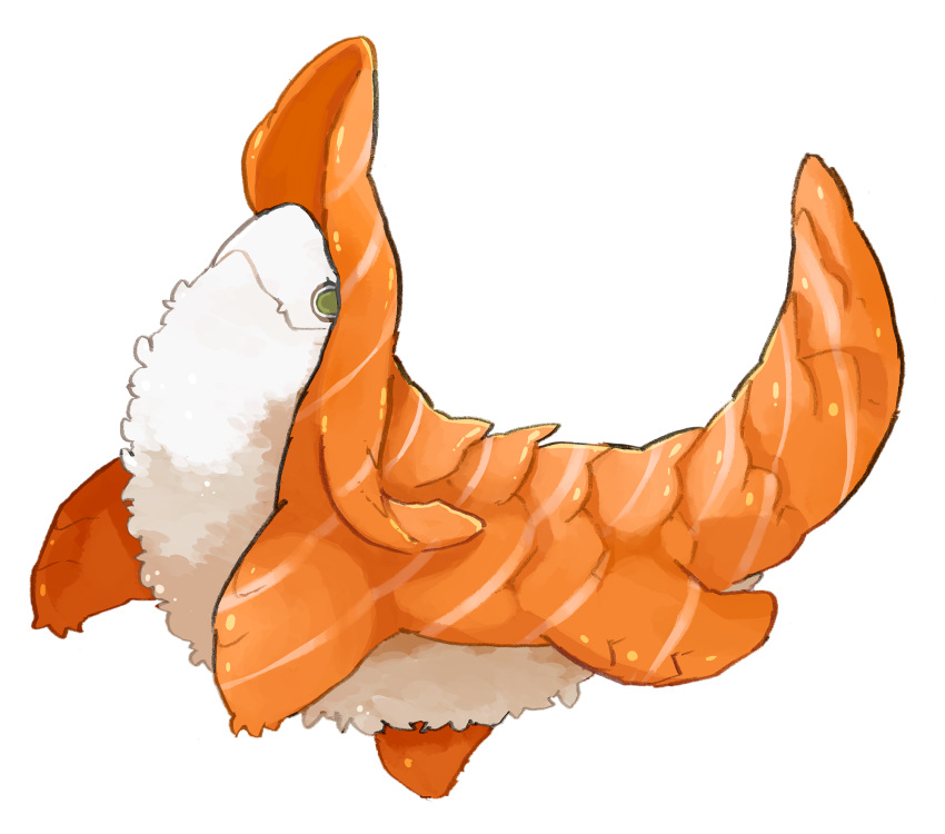 animal animal_focus closed_mouth dragon fang fang_out food food_focus full_body green_eyes highres nigirizushi no_humans omarumaru original rice simple_background solo sushi white_background