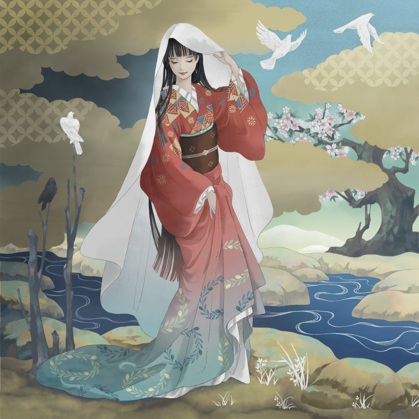 1girl absurdres animal bangs bird black_hair blunt_bangs blunt_ends chifuji_k closed_mouth clouds dove facing_viewer floral_print frilled_sleeves frills full_body gradient_clothes grass hand_up highres hime_cut japanese_clothes kimono lipstick long_hair long_sleeves makeup obi original outdoors red_kimono red_lips river sash shippou_(pattern) skirt_hold sky smile standing straight_hair tree triangle_print veil very_long_hair wide_sleeves