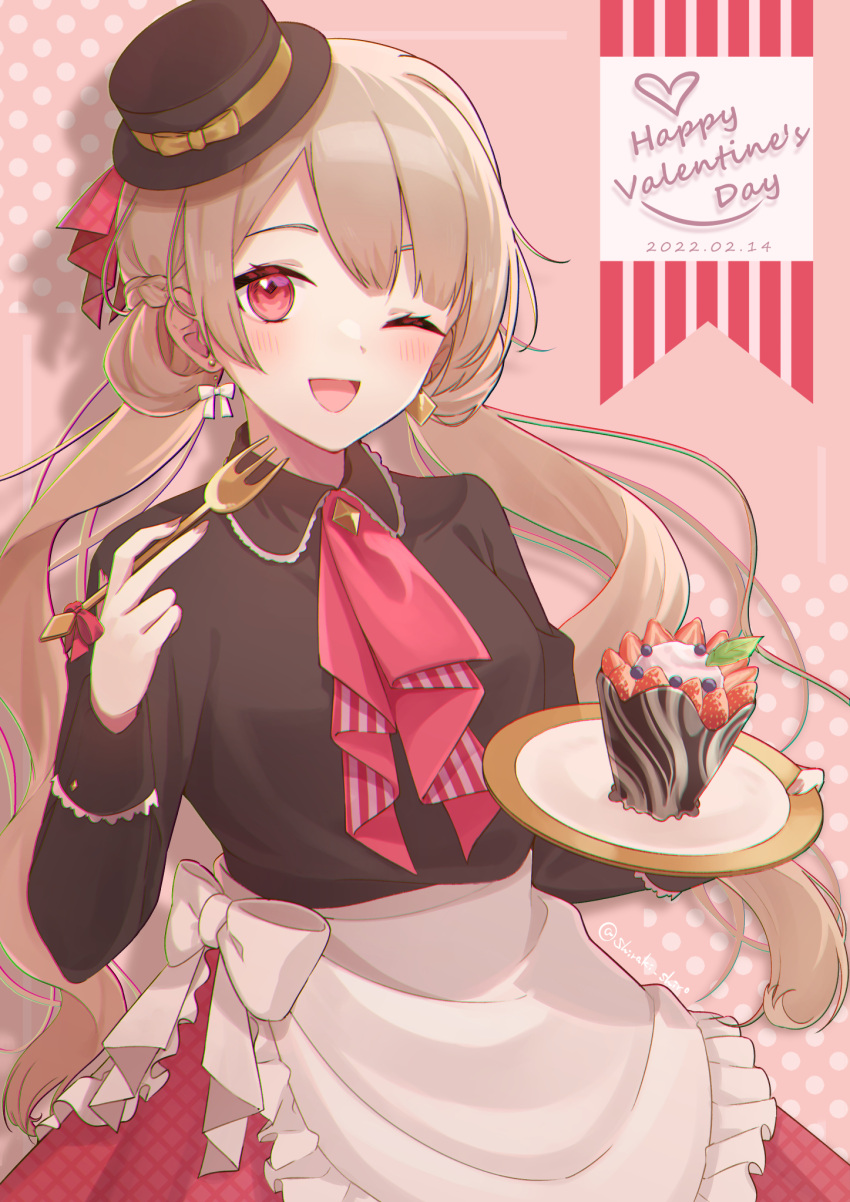 1girl 2022 ;d apron black_headwear black_shirt brown_hair cowboy_shot dated earrings food fork fruit hair_ribbon happy_valentine hat highres holding holding_fork holding_plate jewelry long_hair long_sleeves looking_at_viewer low_twintails maid_apron mini_hat mini_top_hat one_eye_closed open_mouth original pink_background plate red_eyes red_ribbon ribbon shiraki_shiro shirt smile solo strawberry sweets top_hat twintails valentine very_long_hair