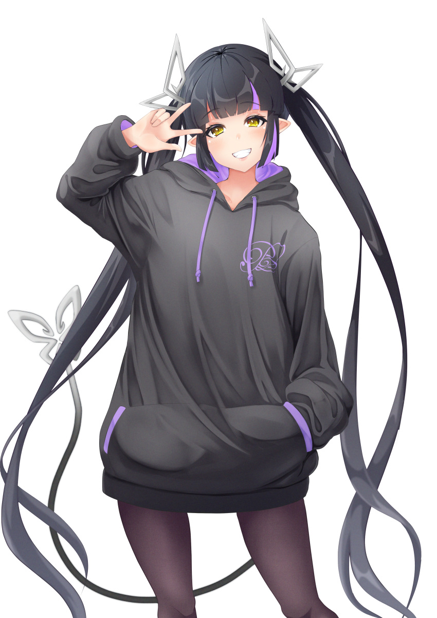 1girl 774_inc. absurdres alternate_costume bangs black_hair black_hoodie blunt_bangs blush brown_pantyhose commentary_request demon_girl demon_horns demon_tail feet_out_of_frame grin hand_in_pocket highres hood hood_down hoodie horns kojo_anna long_hair looking_at_viewer multicolored_hair pantyhose pointy_ears purple_hair robou_no_stone simple_background smile solo tail transparent_background twintails two-tone_hair very_long_hair virtual_youtuber w yellow_eyes
