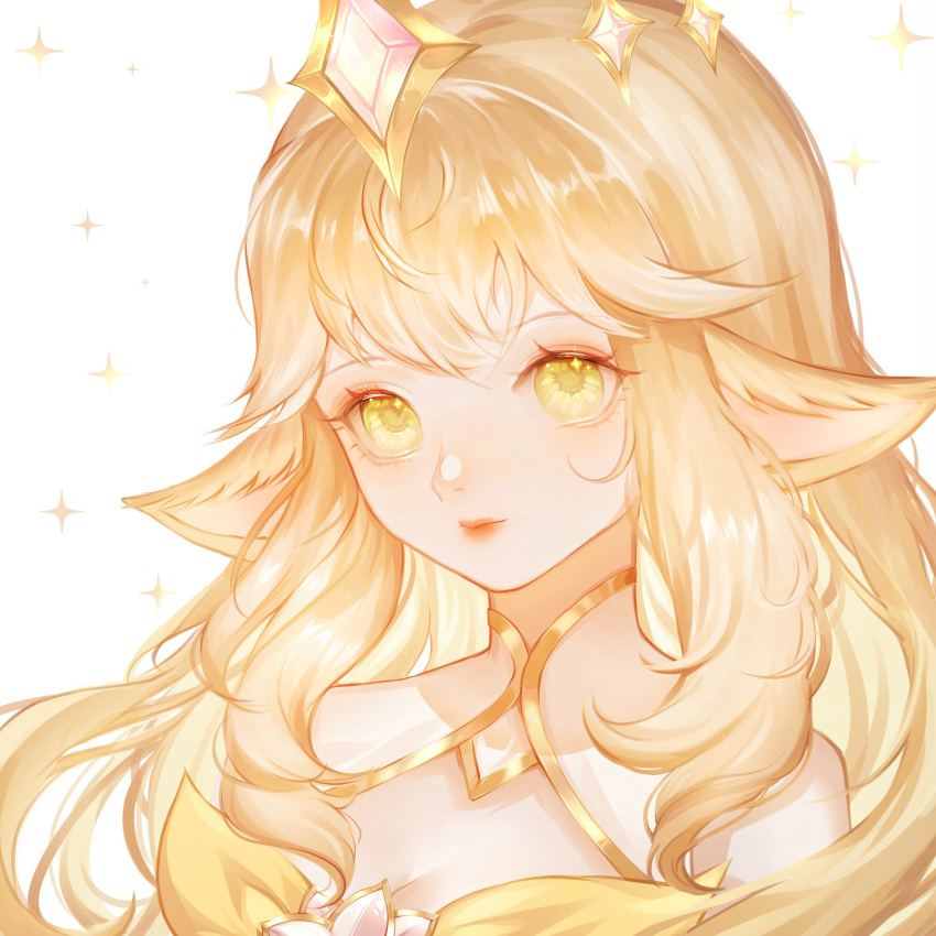 1girl animal_ears bangs bare_shoulders blonde_hair closed_mouth commentary gem hair_ornament highres league_of_legends long_hair official_alternate_costume pointy_ears portrait saikayo simple_background smile solo sparkle star_guardian_soraka_prestige_edition white_background yellow_eyes
