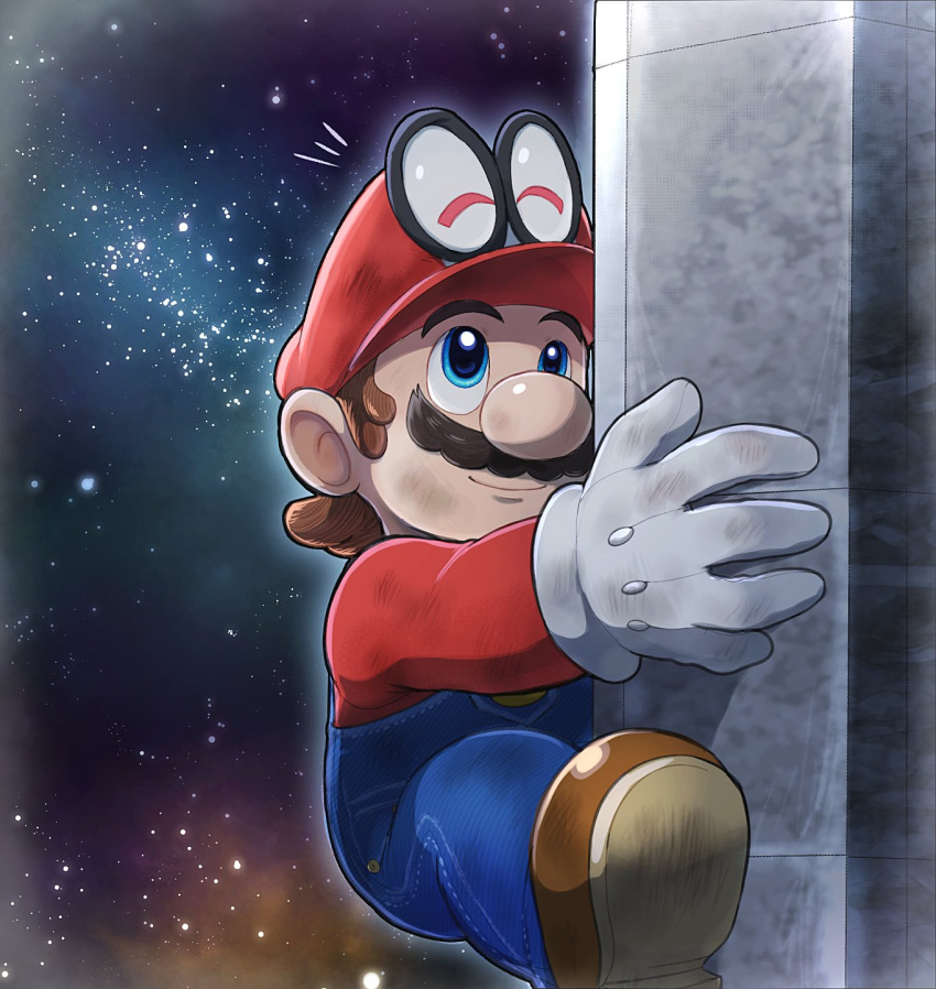 1boy blue_eyes blue_overalls boots brown_footwear brown_hair cappy_(mario) climbing climbing_pole facial_hair gloves hat highres hoshi_(star-name2000) mario mustache overalls red_headwear red_shirt shirt short_hair space super_mario_bros. white_gloves