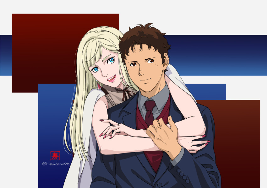 1boy 1girl artist_logo asymmetrical_bangs bangs blonde_hair blue_eyes blue_jacket blue_suit brown_eyes brown_hair brown_necktie brown_ribbon cape chamisuke closed_mouth earrings formal gigi_andalusia grey_shirt gundam gundam_hathaway's_flash hand_on_another's_arm hathaway_noa highres hug hug_from_behind jacket jewelry lipstick long_hair looking_at_viewer makeup multicolored_background nail_polish necktie open_mouth red_nails ribbon shirt short_hair smile straight_hair suit teeth triangle_earrings twitter_username upper_teeth_only white_cape